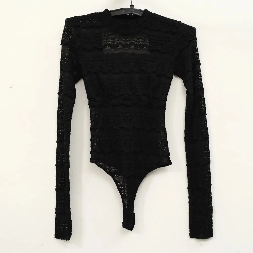 Free People Intimately Angelina Bodysuit Top Sheer Long Sleeve Black XS 289802